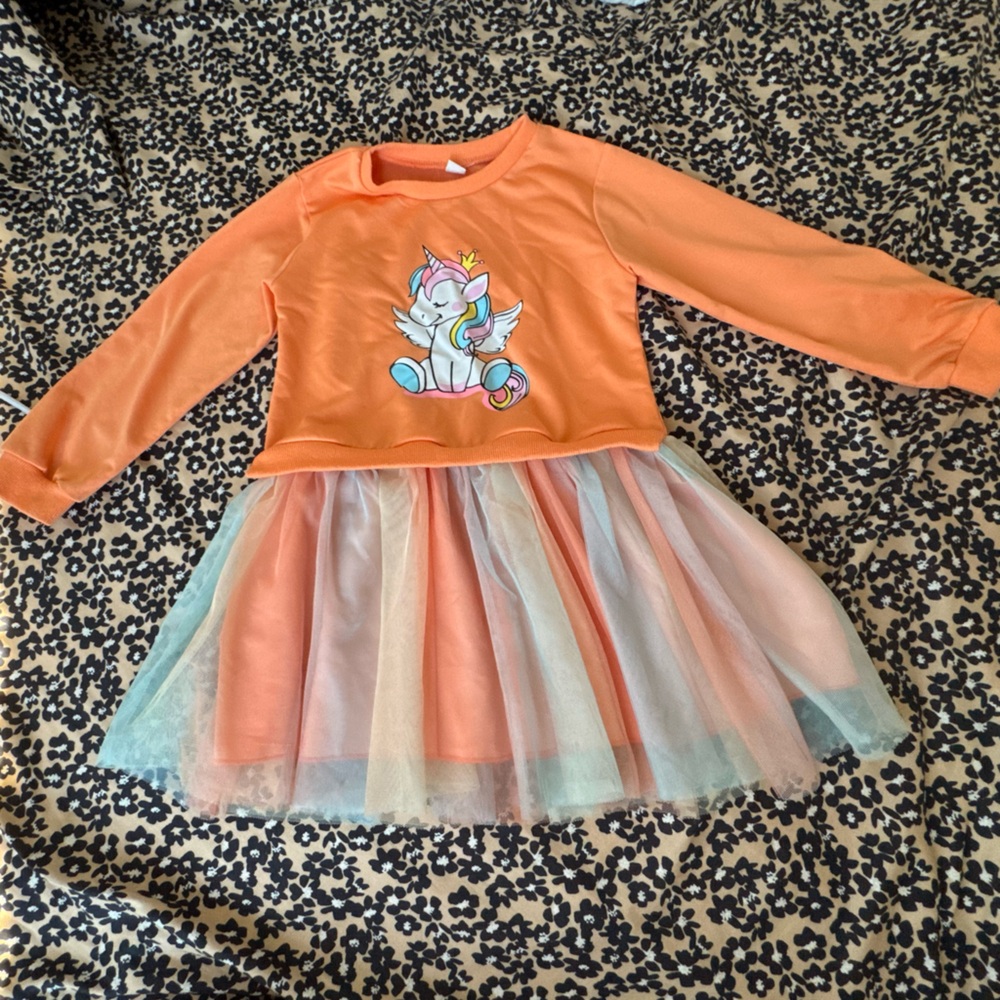 Orange Unicorn Long Sleeve Dress